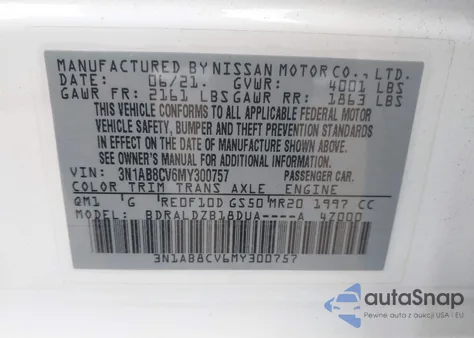 2021 Nissan Sentra Sv Xtronic Cvt z USA, uszkodzony, nr VIN 3N1AB8CV6MY300757